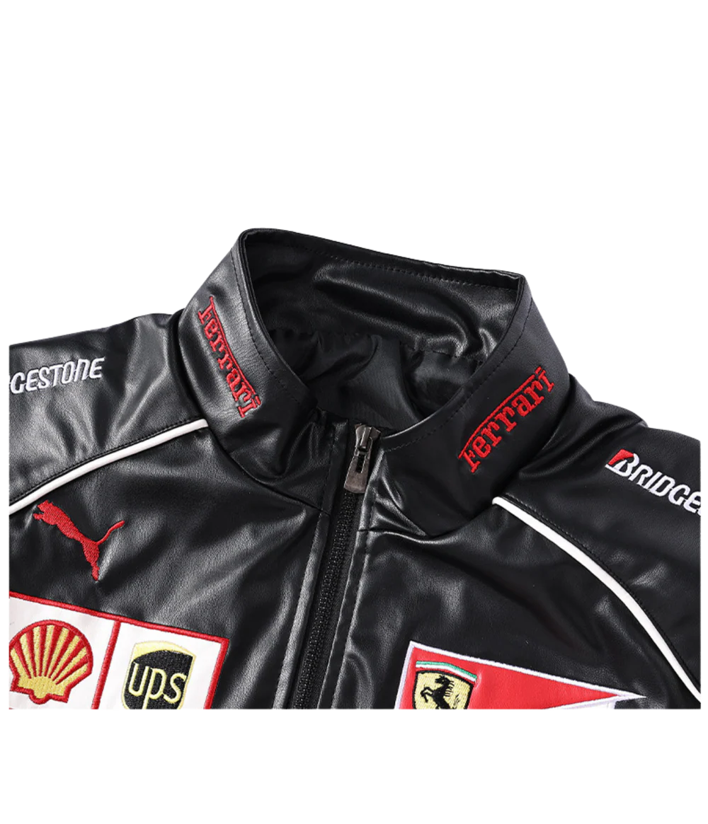 Ferrari F1 Vintage Deri Ceket - Kırmızı