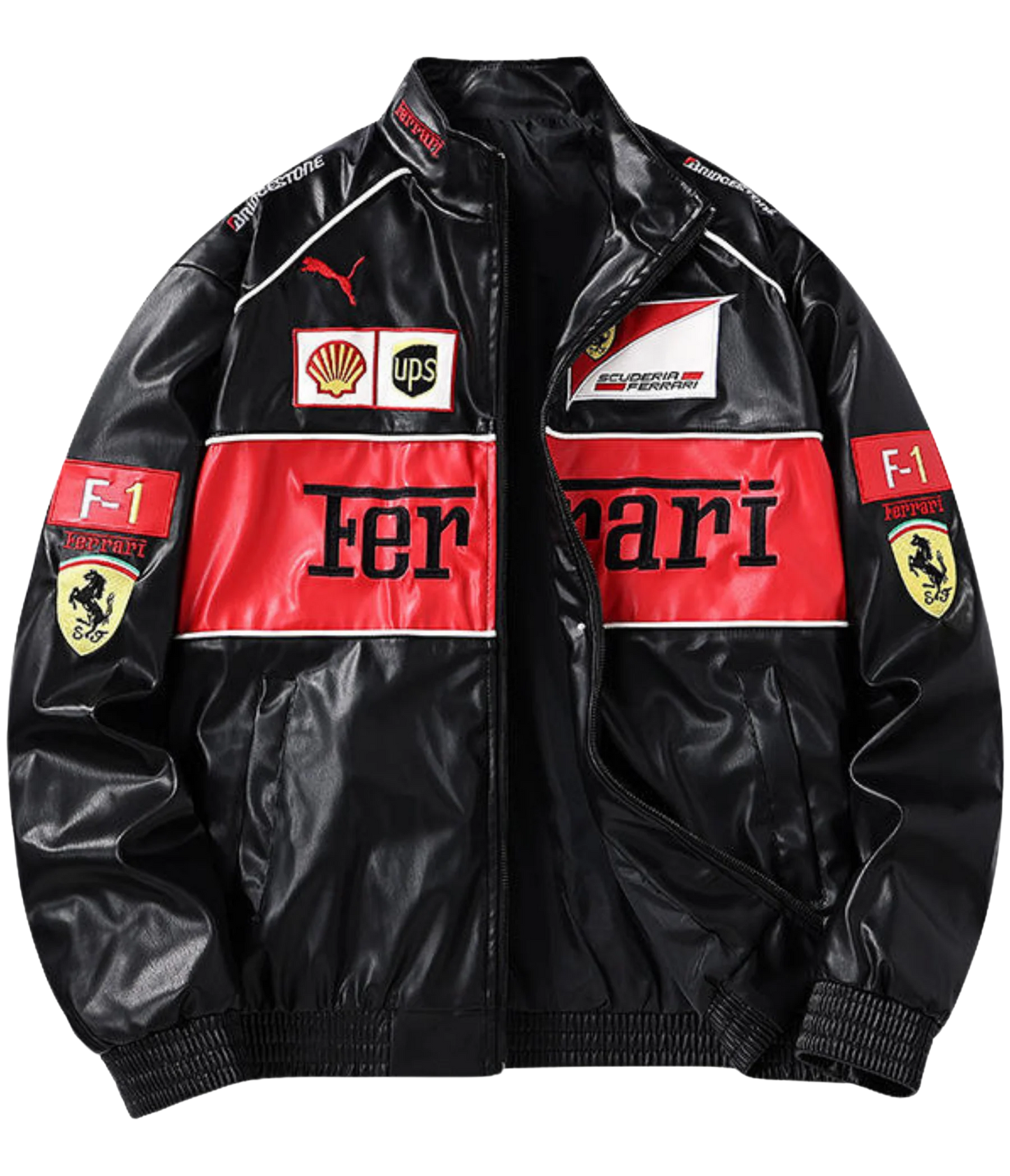 Ferrari F1 Vintage Deri Ceket - Kırmızı