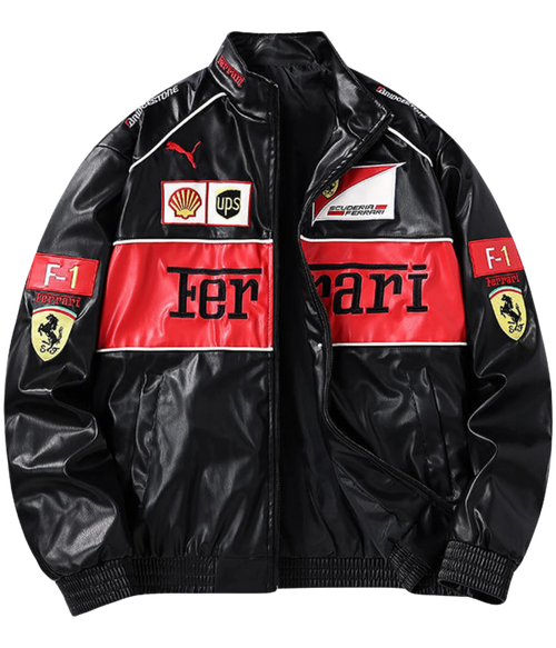 Ferrari F1 Vintage Deri Ceket - Kırmızı