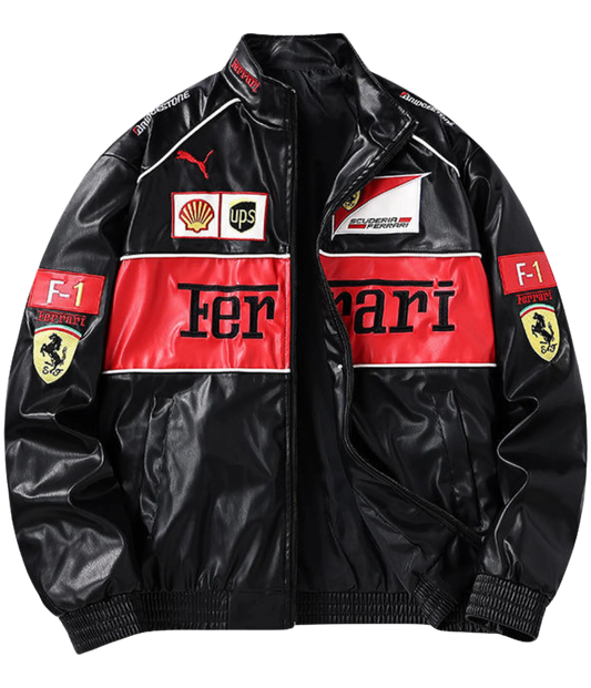 Ferrari F1 Vintage Deri Ceket - Kırmızı