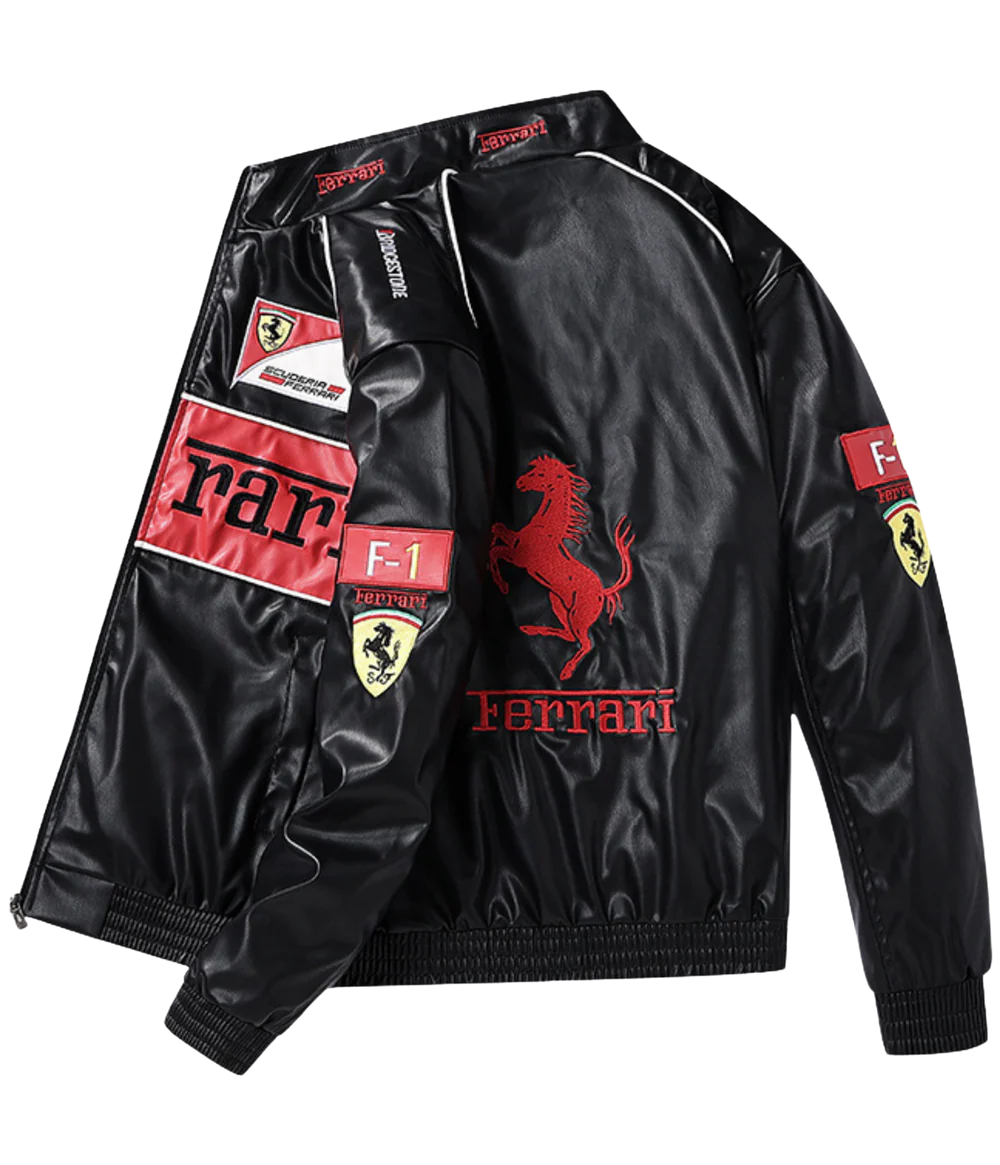 Ferrari F1 Vintage Deri Ceket - Kırmızı