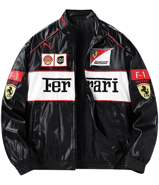Ferrari F1 Vintage Deri Ceket - Beyaz