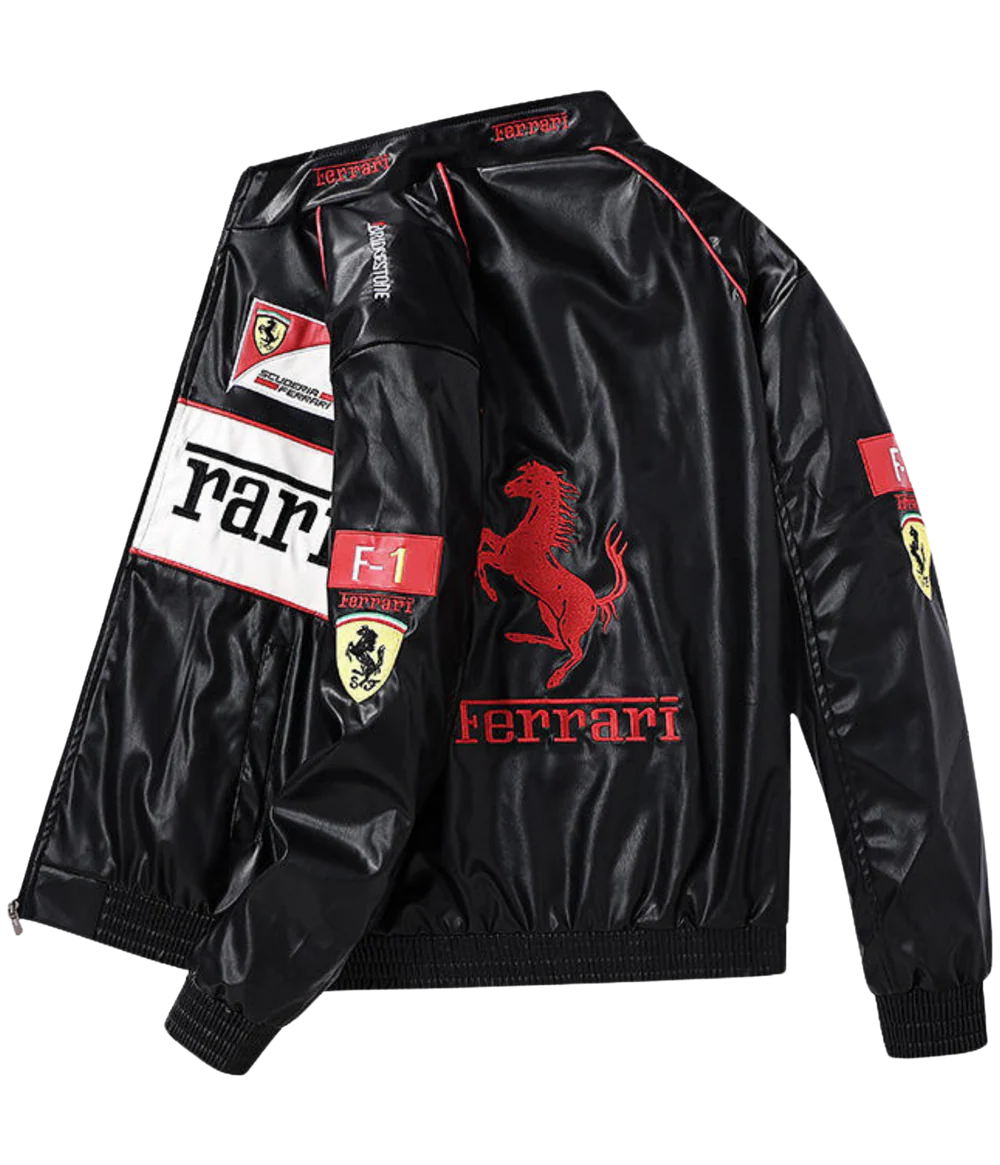 Ferrari F1 Vintage Deri Ceket - Beyaz