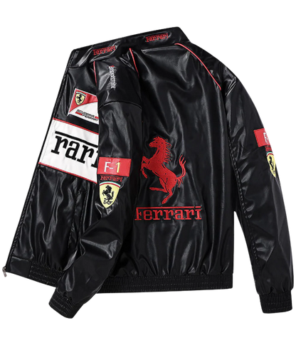 Ferrari F1 Vintage Deri Ceket - Beyaz