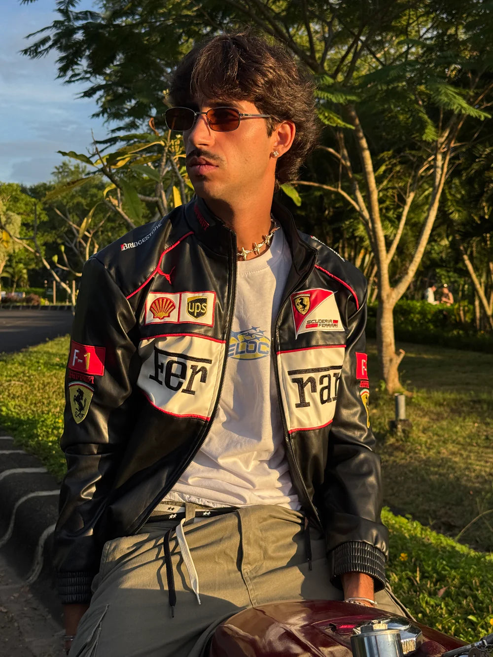 Ferrari F1 Vintage Deri Ceket - Beyaz