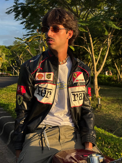 Ferrari F1 Vintage Deri Ceket - Beyaz